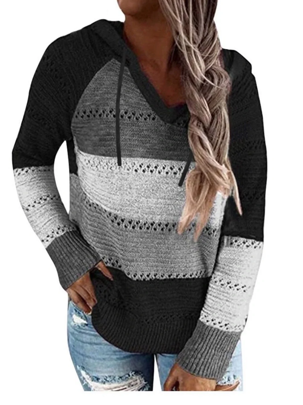 Striped V-Neck Hoodie Sweater - Black & Gray